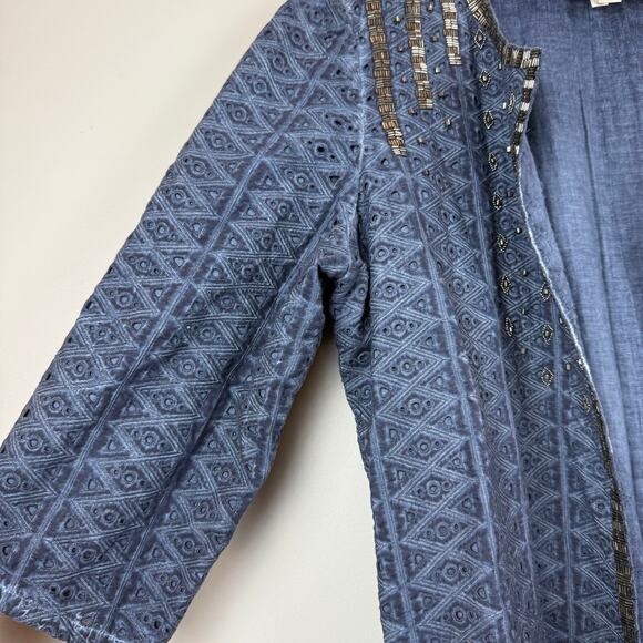 Chicos Jacket Womens 2 US L‎ Blue Broderie Embellished 3/4 Sleeve Open Front Art - Picture 4 of 9